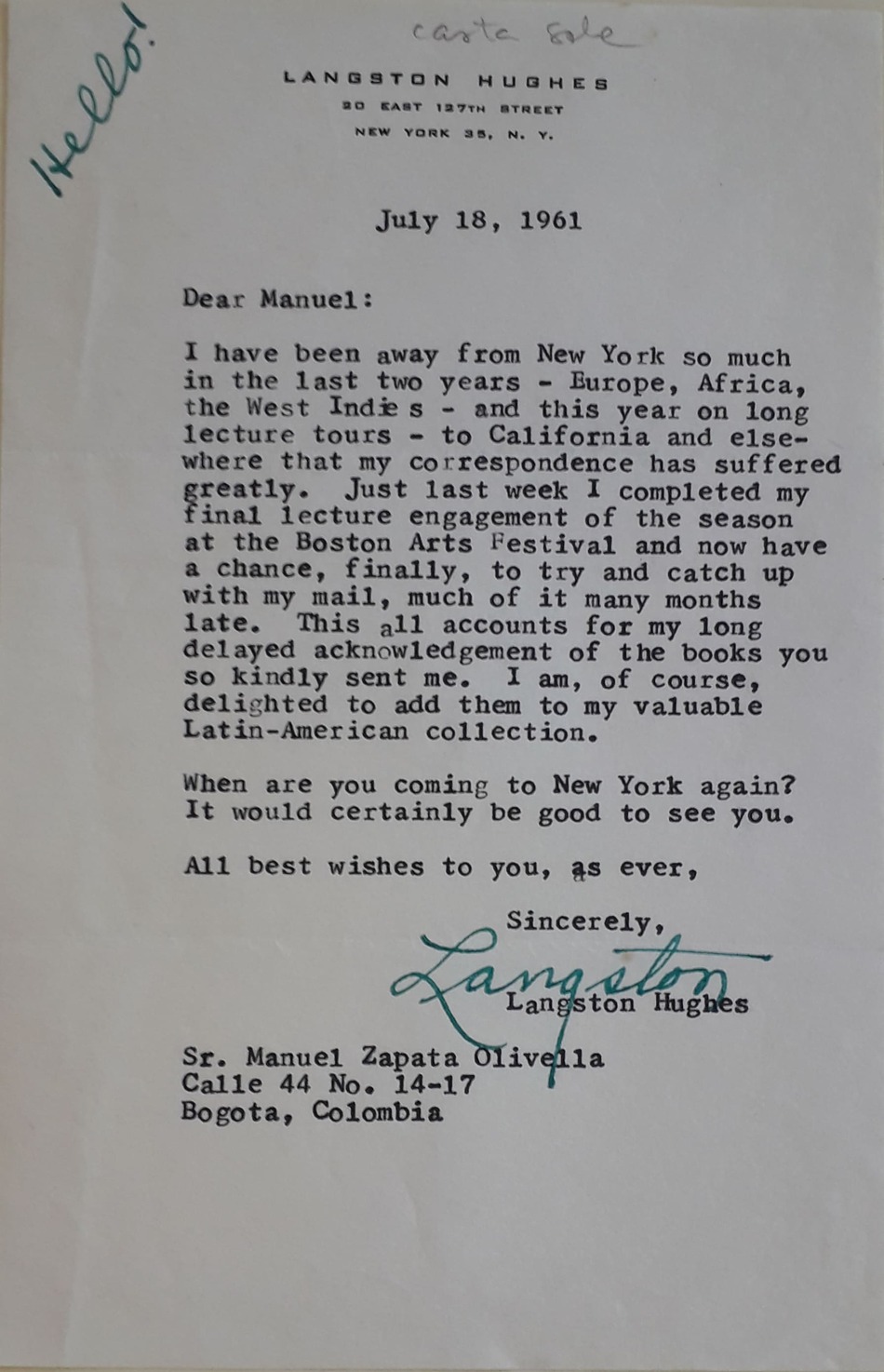 Carta de Lansgton Hughes dirigida a Manuel Zapata Olivella, el 18 de julio de 1961, en la que muestra interés de un nuevo encuentro. Fue enviada desde la residencia del poeta afroamericano.