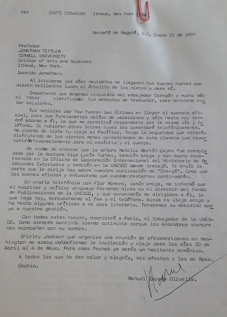 Carta de Manuel Zapata Olivella a Jonathan Tittler de la Asociación de Colombianistas Norteamericanos, Bogotá, 21 de enero de 1997.