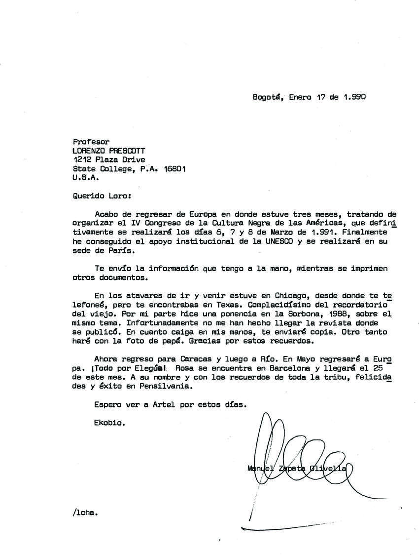 Carta de Manuel Zapata Olivella a Laurence E. Prescott, enviada el 17 de enero de 1990 desde Bogotá, Colombia.  