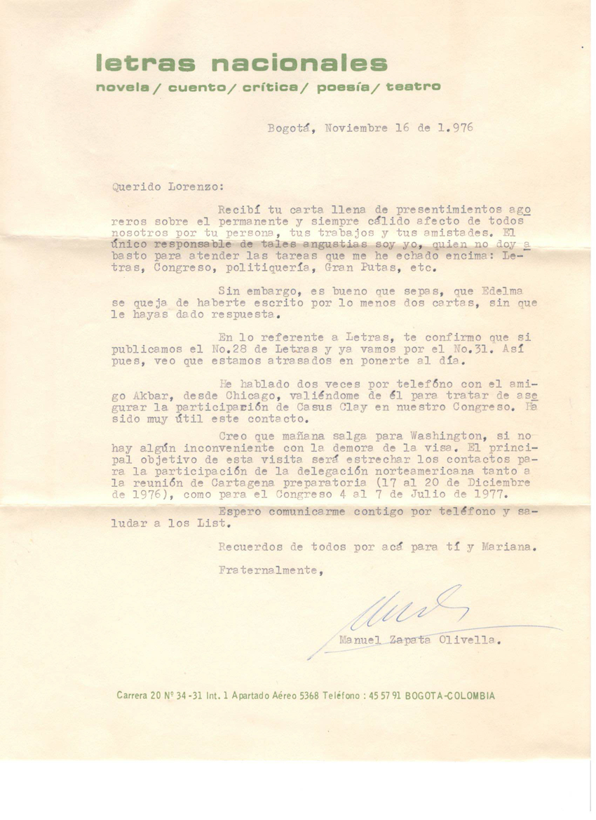 Carta de Manuel Zapata Olivella a Laurence E. Prescott