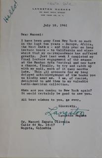 Carta de Lansgton Hughes dirigida a Manuel Zapata Olivella, el 18 de julio de 1961, en la que muestra interés de un nuevo encuentro. Fue enviada desde la residencia del poeta afroamericano.