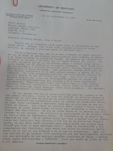 Carta del investigador Laurence E. Prescott a Manuel Zapata Olivella, Lexington, Kentucky, 11 de septiembre de 1982.
