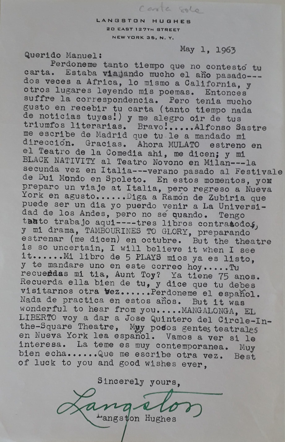Carta del escritor Langston Hughes a Manuel Zapata Olivella, Nueva York, 1 de mayo de 1963.