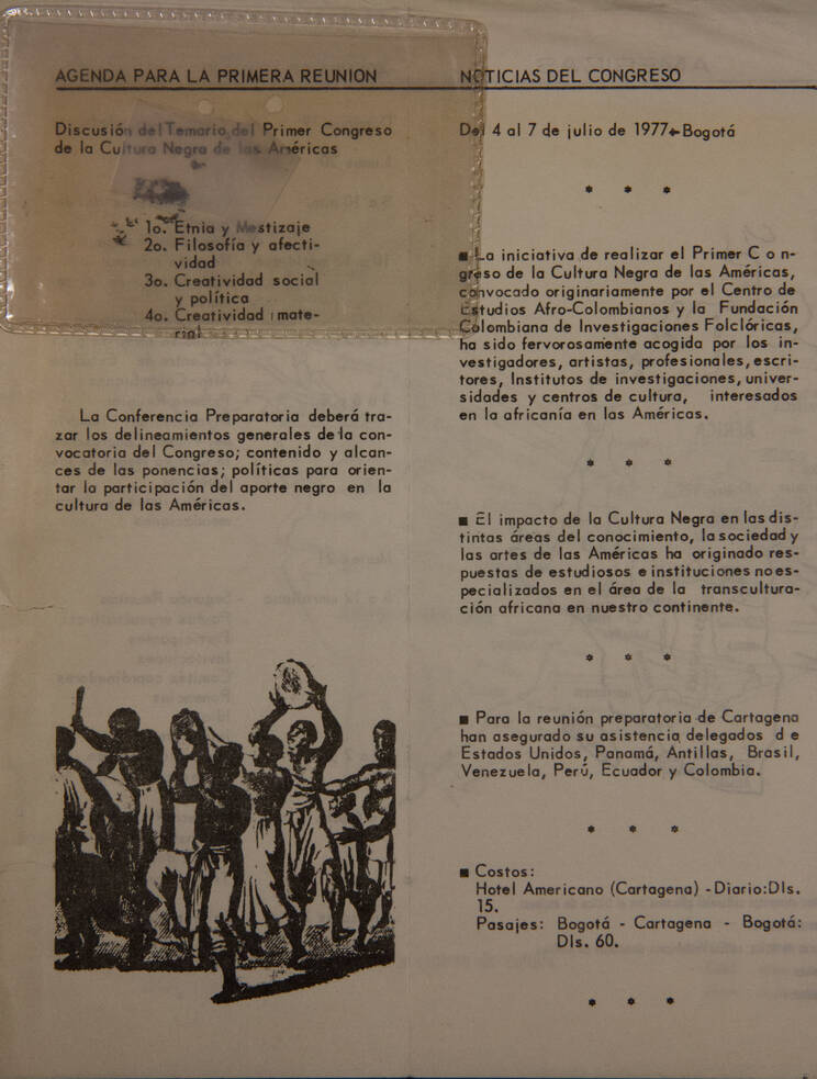 Plegable de la conferencia preparatoria del Primer Congreso de la Cultura Negra de las Américas, celebrada en Cartagena de Indias, entre el 19 y el 22 de diciembre de 1976. 
