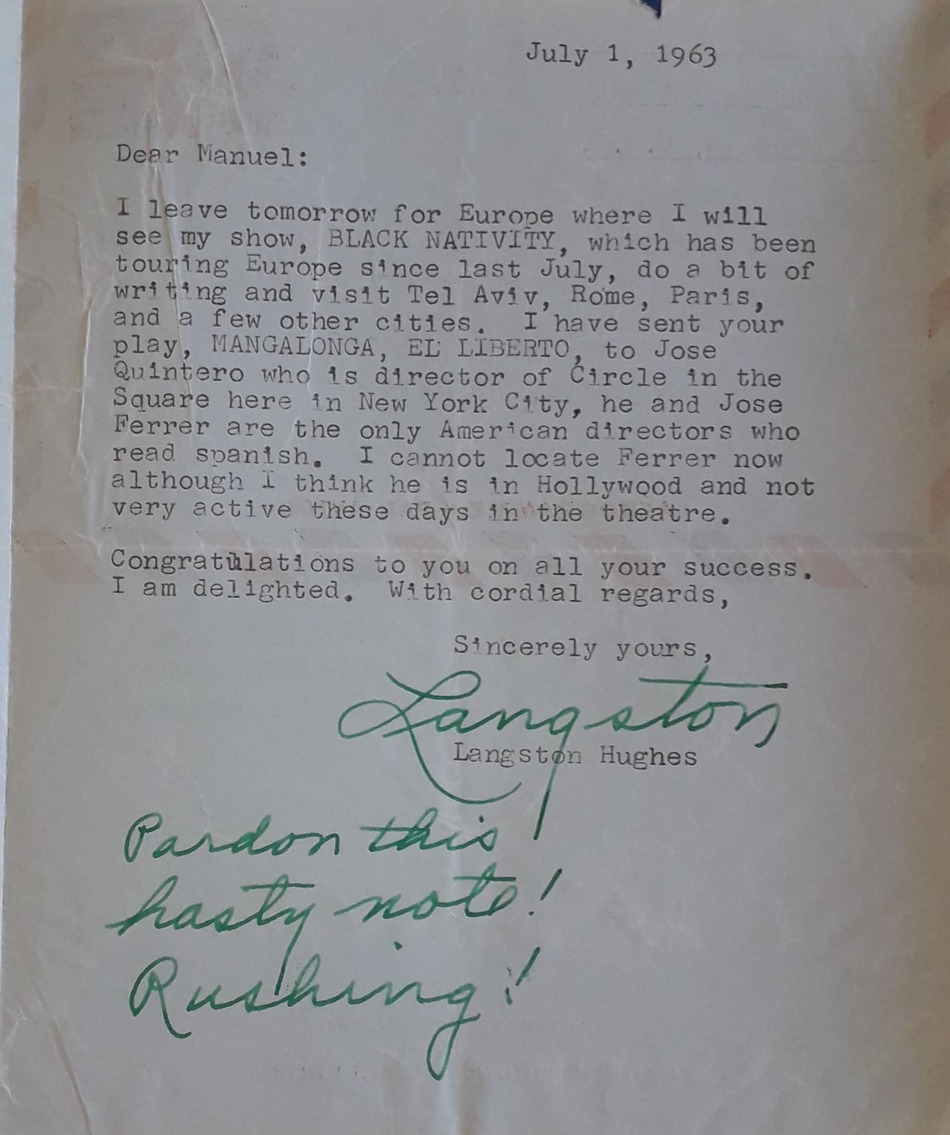 Carta de Lansgton Hughes dirigida a Manuel Zapata Olivella, del 1 de julio de 1963. La carta se escribió y envió desde la residencia del poeta afroamericano.
