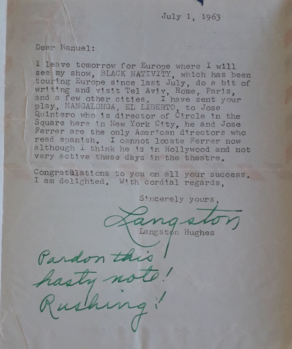 Carta del escritor Langston Hughes a Manuel Zapata Olivella, Nueva York, 1 de julio de 1963.