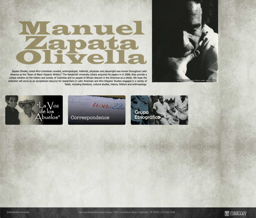 Imagen del portal web de la Colección Manuel Zapata Olivella donde se alojan parte de los documentos comprados por la Universidad de Vanderbilt.