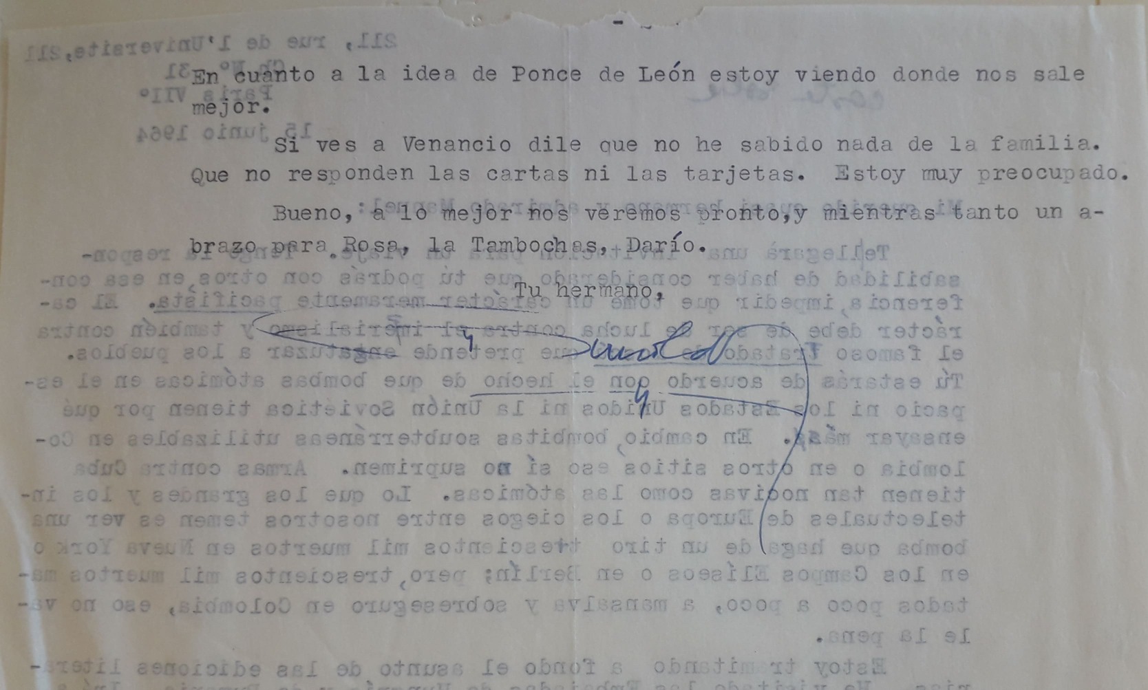 Carta del escritor Arnoldo Palacios a Manuel Zapata Olivella, París, 15 de junio de 1964.