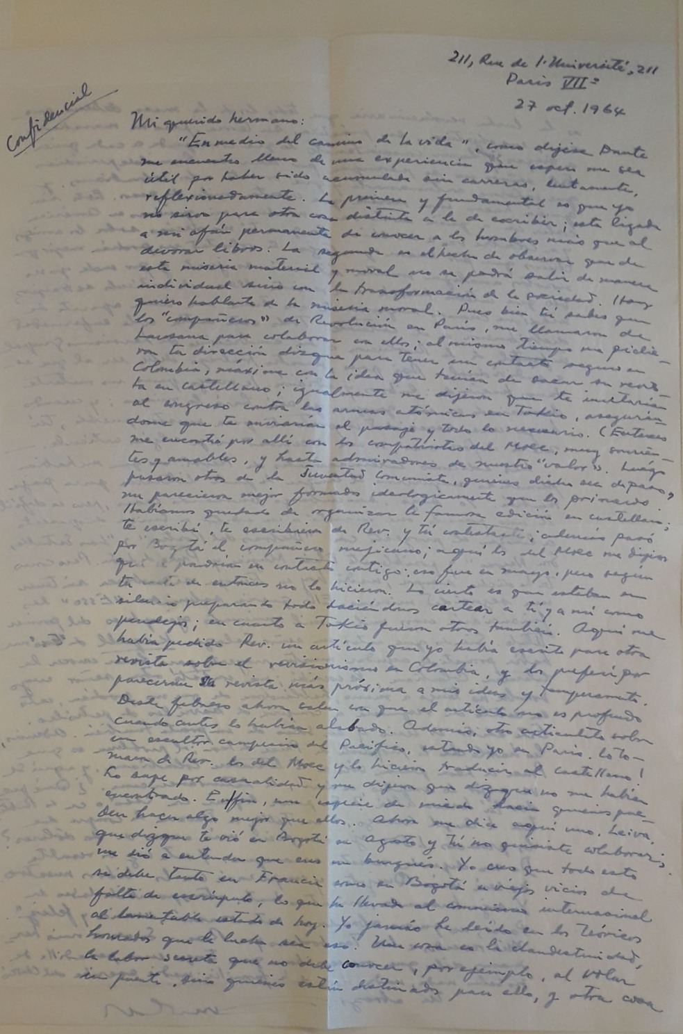 Carta del escritor Arnoldo Palacios a Manuel Zapata Olivella, París, 27 de octubre de 1964.