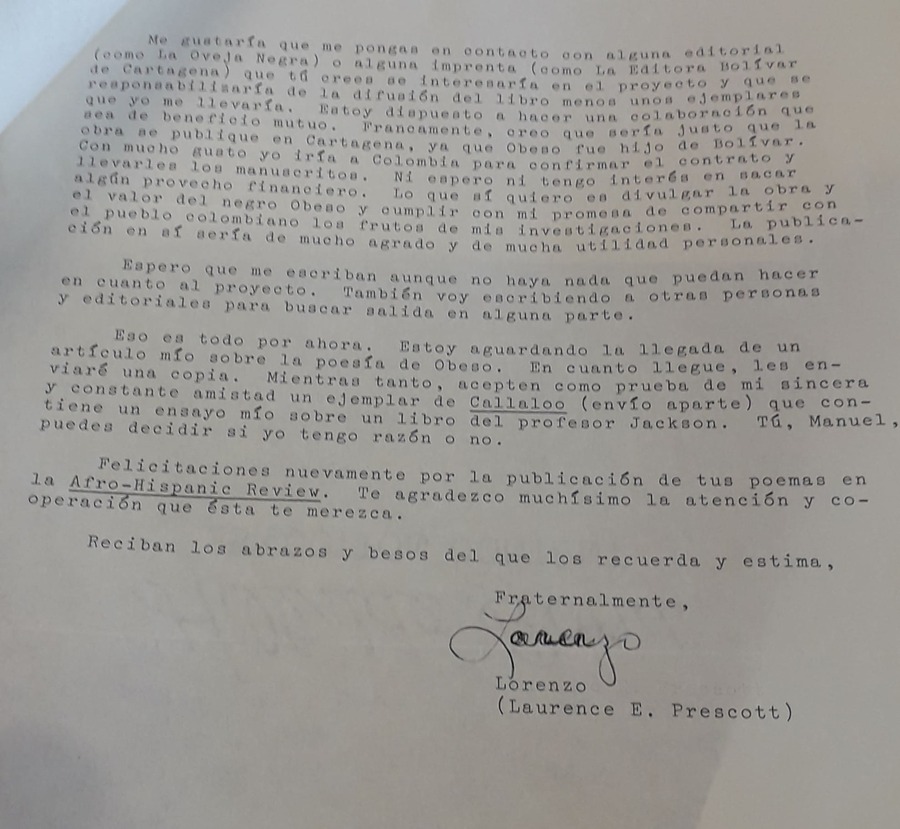 Carta del investigador Laurence E. Prescott a Manuel Zapata Olivella, Lexington, Kentucky, 11 de septiembre de 1982.