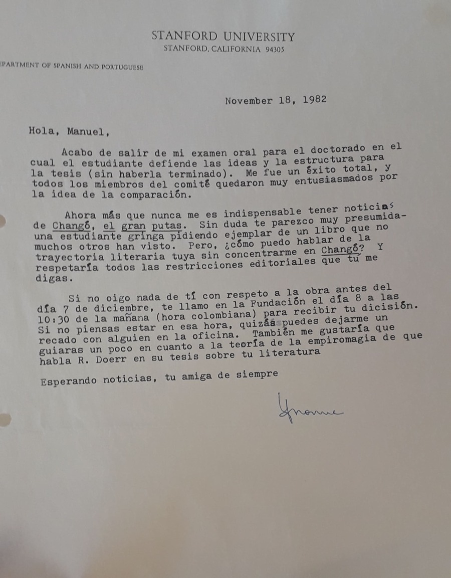 Carta de la investigadora Yvonne Captain-Hidalgo a Manuel Zapata Olivella, Stanford, California, 18 de noviembre de 1982.