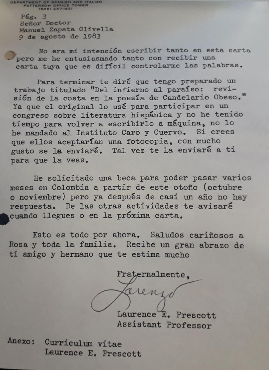 Carta del investigador Laurence E. Prescott a Manuel Zapata Olivella, Lexington, Kentucky, 9 de agosto de 1983.