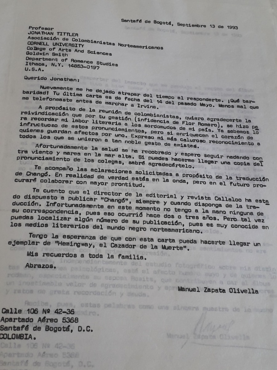 Carta del escritor Manuel Zapata Olivella a Jonathan Tittler de la Asociación de Colombianistas Norteamericanos, Bogotá, 4 de abril de 1994.