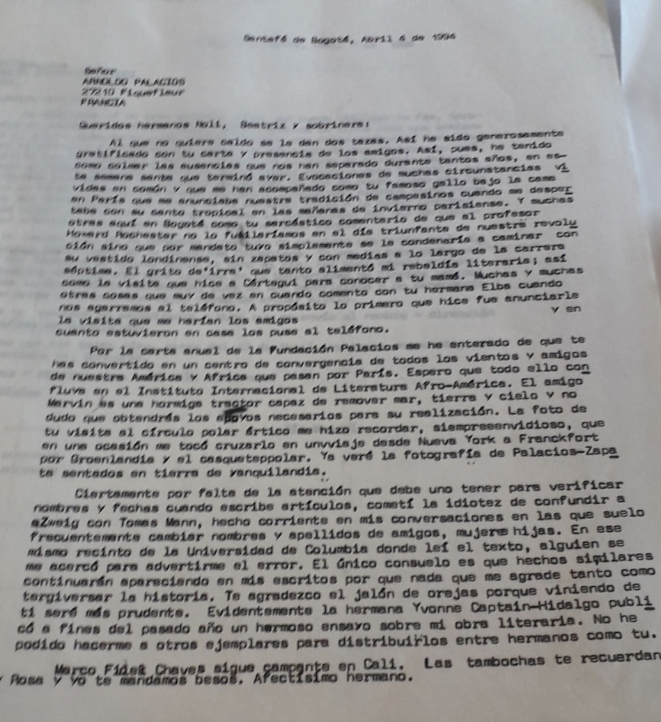 Carta del escritor Manuel Zapata Olivella a Arnoldo Palacios, Bogotá, 4 de abril de 1994.