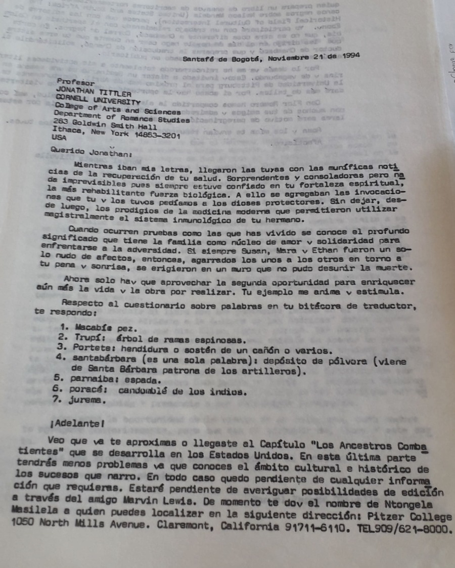 Carta de Manuel Zapata Olivella a Jonathan Tittler de la Asociación de Colombianistas Norteamericanos, Bogotá, 21 de noviembre de 1994.