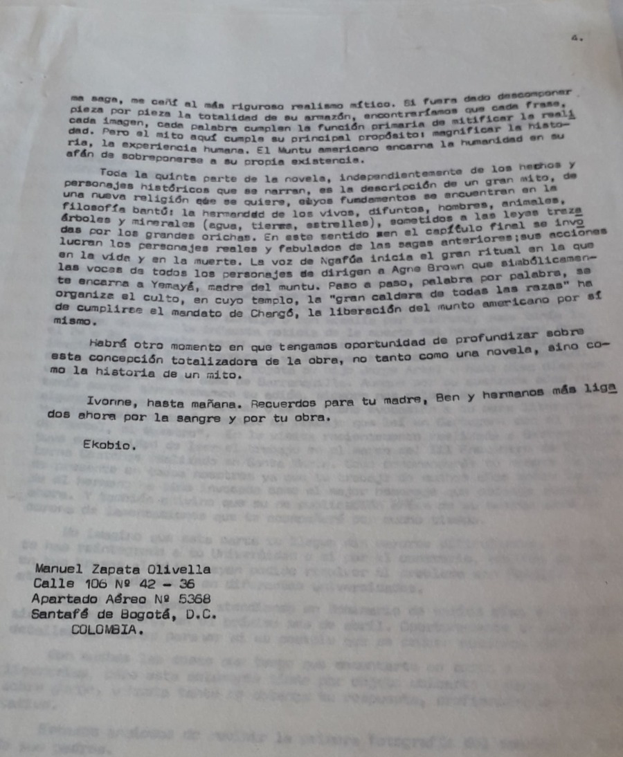 Carta de Manuel Zapata Olivella a la investigadora Yvonne Captain-Hidalgo, 14 de septiembre de 1993.