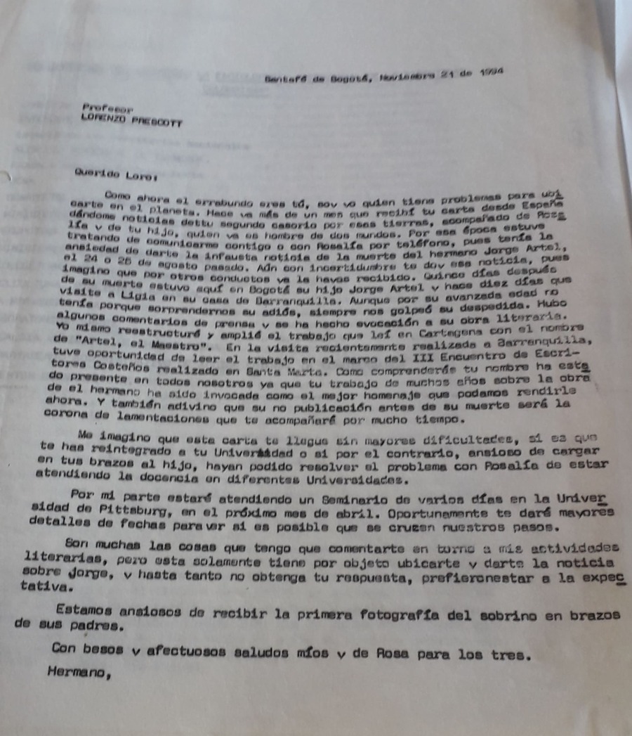 Carta de Manuel Zapata Olivella a Laurence E. Prescott, Bogotá, 21 de noviembre de 1994.