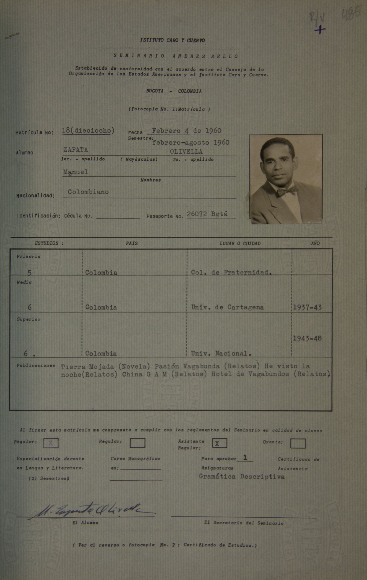 Formulario de registro académico de Manuel Zapata Olivella