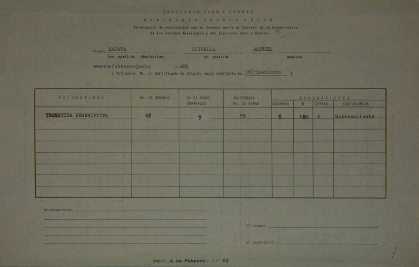 Matrícula de Manuel Zapata Olivella para cursar Gramática Descriptiva, durante el primer semestre (febrero-junio) de 1960, en la Facultad Seminario Andrés Bello del Instituto Caro y Cuervo. 