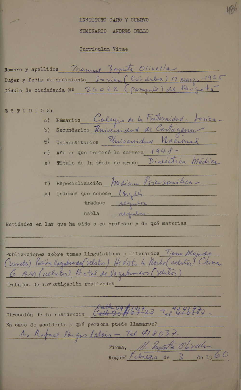 Curriculum vitae de Manuel Zapata Olivella.