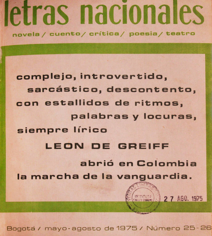 Cubierta de Letras Nacionales, n.º 25-26 (mayo-agosto, 1975), número dedicado al poeta León de Greiff