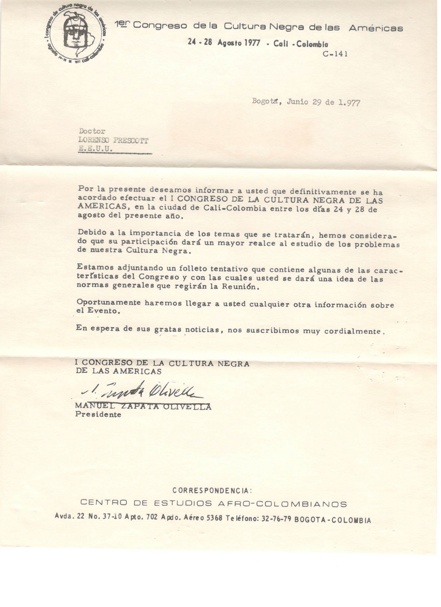 Carta de Manuel Zapata Olivella a Laurence E. Prescott, enviada el 29 de junio de 1977 desde el Centro de Estudios Afrocolombianos. 