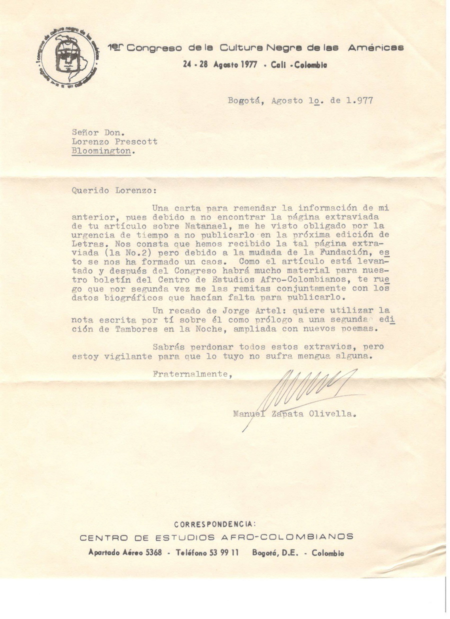 Carta de Manuel Zapata Olivella a Laurence E. Prescott, enviada el 1 de agosto de 1977 desde el Centro de Estudios Afrocolombianos.
