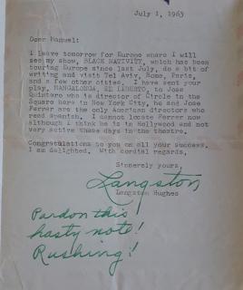 Carta de Lansgton Hughes dirigida a Manuel Zapata Olivella, del 1 de julio de 1963. La carta se escribió y envió desde la residencia del poeta afroamericano.