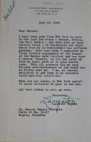 Carta del escritor Langston Hughes a Manuel Zapata Olivella, Nueva York, 18 de julio de 1961.