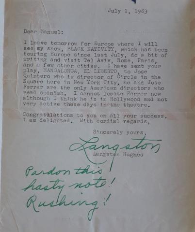 Carta del escritor Langston Hughes a Manuel Zapata Olivella, Nueva York, 1 de julio de 1963.