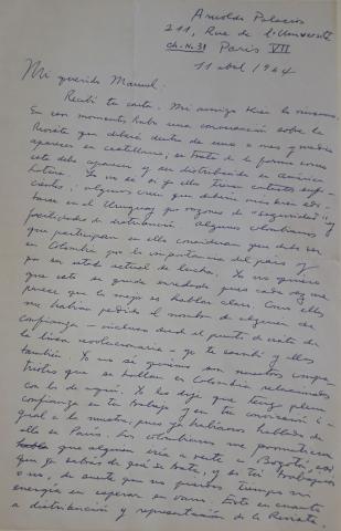 Carta del escritor Arnoldo Palacios a Manuel Zapata Olivella, París, 11 de abril de 1964.