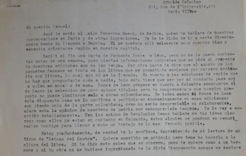 Carta del escritor Arnoldo Palacios a Manuel Zapata Olivella, París, 11 de abril de 1964.