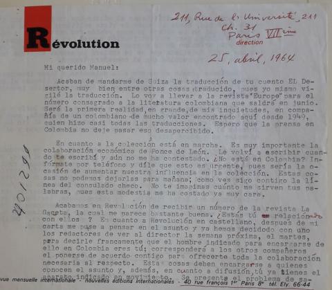 Carta del escritor Arnoldo Palacios a Manuel Zapata Olivella, París, 25 de abril de 1964.