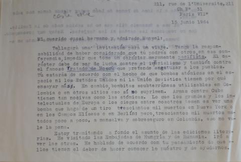 Carta del escritor Arnoldo Palacios a Manuel Zapata Olivella, París, 15 de junio de 1964.