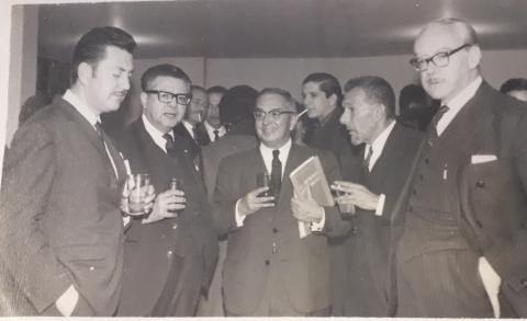 " Fernando Soto Aparicio, Luis  Darío Vaupés, Gustavo Andrade Rivera, Eduardo García Piedrahita (de izquierda a derecha). Coctel por los dos años de vida de la revista Letras Nacionales(1965-1985) "