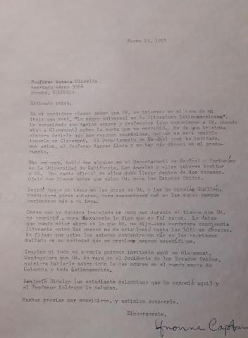 Carta de la investigadora Yvonne Captain-Hidalgo a Manuel Zapata Olivella, 15 de marzo de 1973.