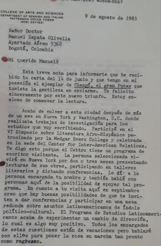 Carta del investigador Laurence E. Prescott a Manuel Zapata Olivella, Lexington, Kentucky, 9 de agosto de 1983.