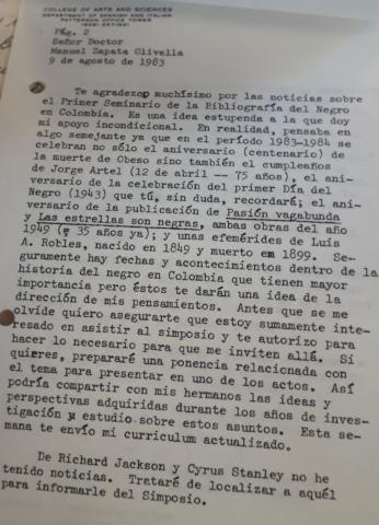 Carta del investigador Laurence E. Prescott a Manuel Zapata Olivella, Lexington, Kentucky, 9 de agosto de 1983.