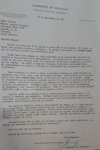 Carta del investigador Laurence E. Prescott a Manuel Zapata Olivella, Lexington, Kentucky, 20 de septiembre de 1983.