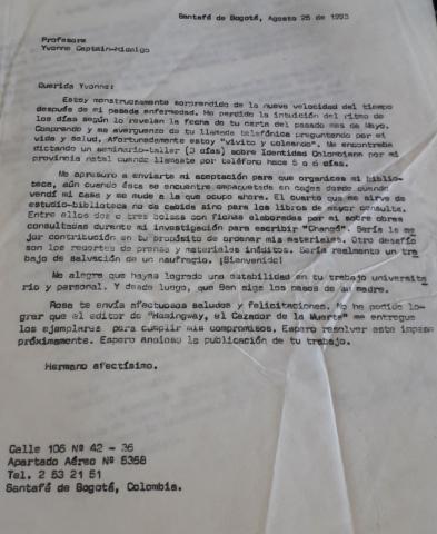Carta de Manuel Zapata Olivella a la investigadora Yvonne Captain-Hidalgo, Bogotá, 25 de agosto de 1993.