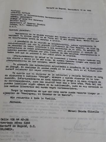 Carta del escritor Manuel Zapata Olivella a Jonathan Tittler de la Asociación de Colombianistas Norteamericanos, Bogotá, 4 de abril de 1994.