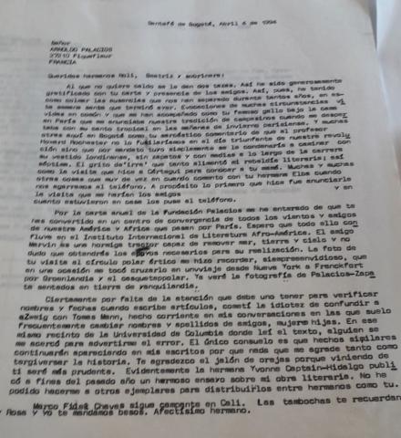 Carta del escritor Manuel Zapata Olivella a Arnoldo Palacios, Bogotá, 4 de abril de 1994.