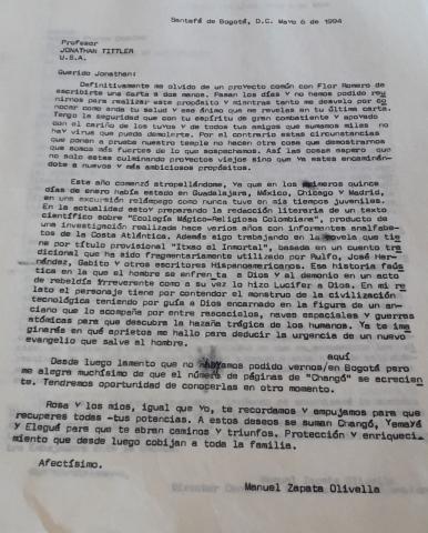 Carta de Manuel Zapata Olivella a Jonathan Tittler de la Asociación de Colombianistas Norteamericanos, Bogotá, 13 de septiembre de 1993.