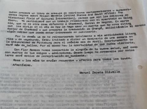 Carta de Manuel Zapata Olivella a Jonathan Tittler de la Asociación de Colombianistas Norteamericanos, Bogotá, 21 de noviembre de 1994.