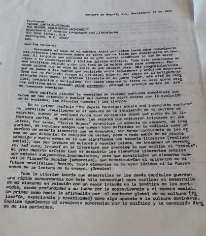 Carta de Manuel Zapata Olivella a la investigadora Yvonne Captain-Hidalgo, 14 de septiembre de 1993.