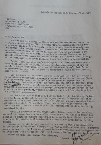 Carta de Manuel Zapata Olivella a Jonathan Tittler de la Asociación de Colombianistas Norteamericanos, Bogotá, 20 de febrero de 1995.