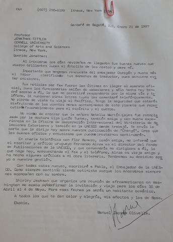 Carta de Manuel Zapata Olivella a Jonathan Tittler de la Asociación de Colombianistas Norteamericanos, Bogotá, 21 de enero de 1997.