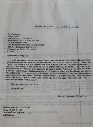 Carta de Manuel Zapata Olivella a Leon Lyday y Laurence E. Prescott, XX Congreso de Bogotá, 23 de abril de 1997.