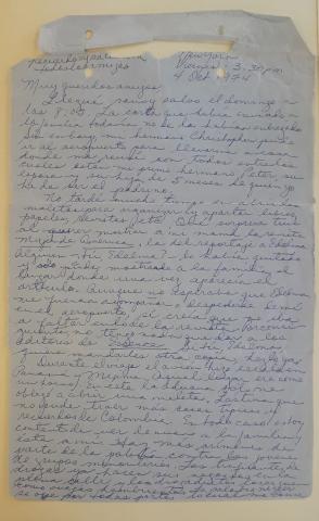 Carta de Laurence E. Prescott a los amigos, 22 de octubre de 1974.