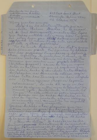 Carta de Laurence E. Prescott a los amigos, 22 de octubre de 1974. Pag.1 